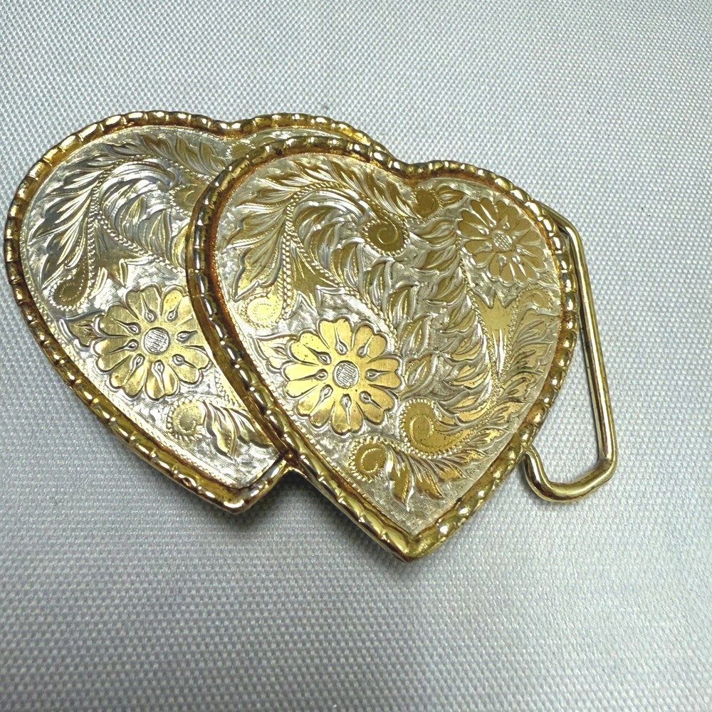 Vintage W USA Double Heart Belt Buckle Two Tone Gold Silver Floral Western 4in